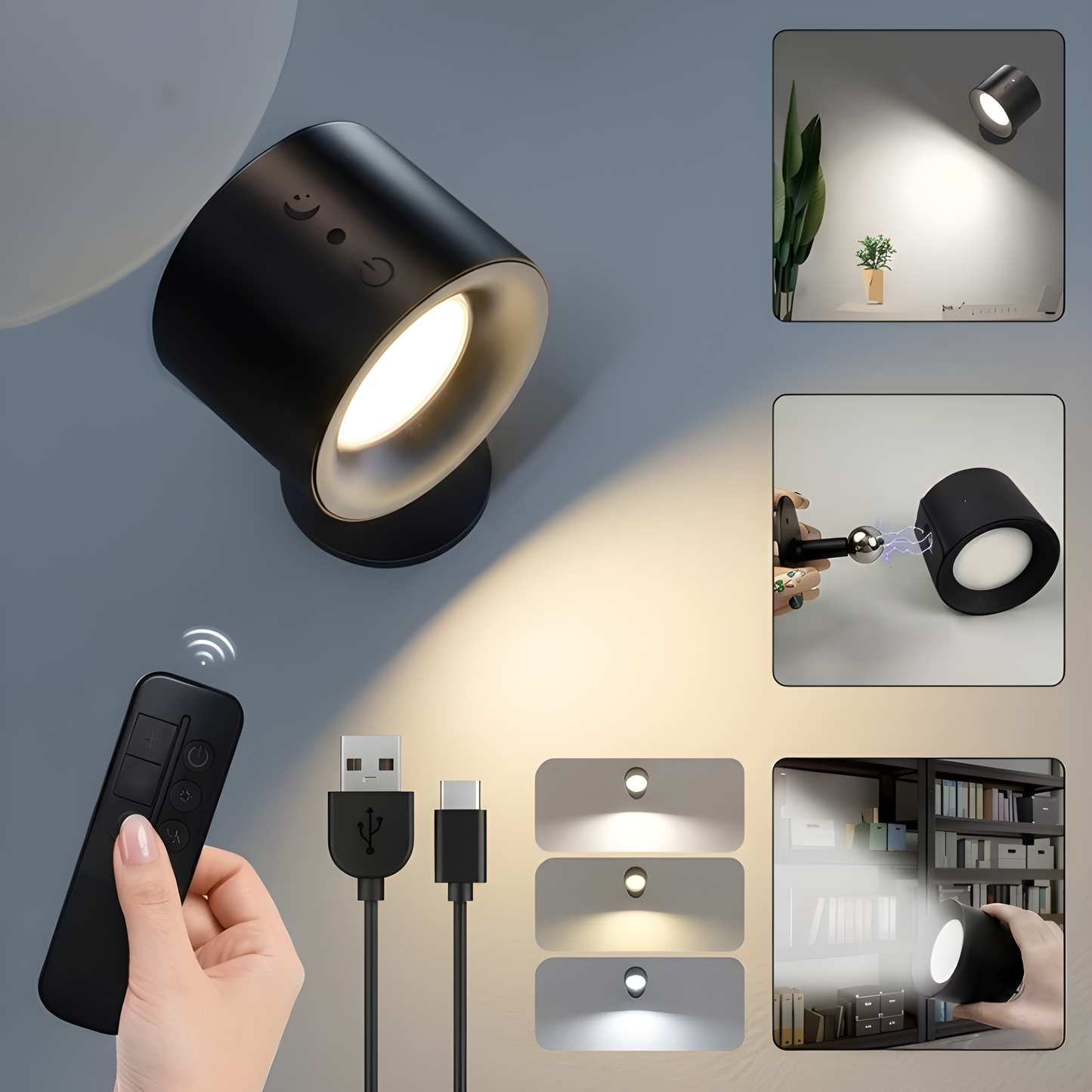 Wireless Magnetic LED Wall Light with Remote - 1800mAh Rechargeable - 3 Color Modes (2700K-6500K) - 360° Rotatable - Stepless Dimmable Reading Lamp & Night Light - No Drill Sconce