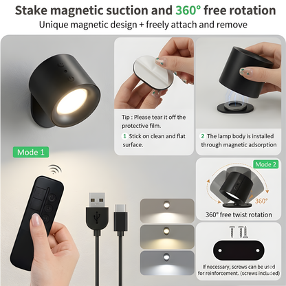 Wireless Magnetic LED Wall Light with Remote - 1800mAh Rechargeable - 3 Color Modes (2700K-6500K) - 360° Rotatable - Stepless Dimmable Reading Lamp & Night Light - No Drill Sconce
