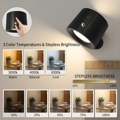 Wireless Magnetic LED Wall Light with Remote - 1800mAh Rechargeable - 3 Color Modes (2700K-6500K) - 360° Rotatable - Stepless Dimmable Reading Lamp & Night Light - No Drill Sconce