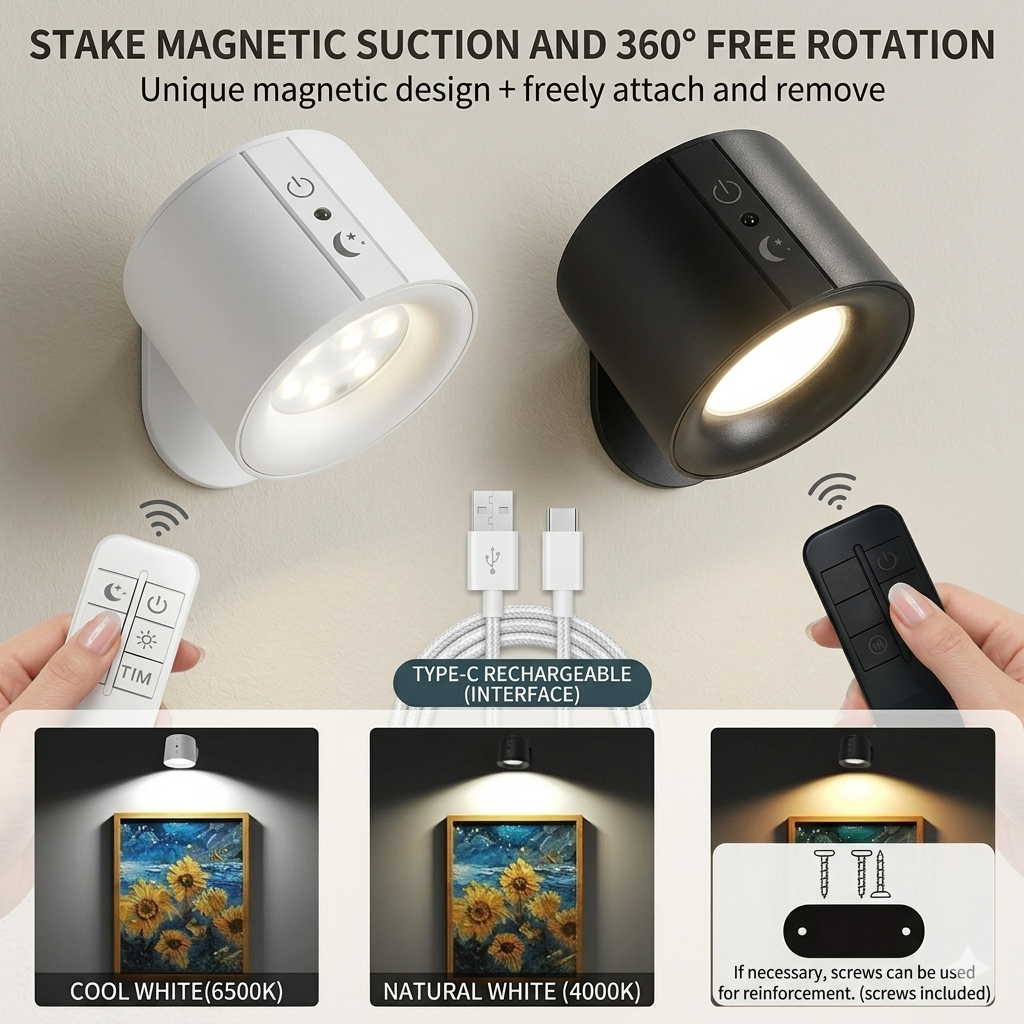 Wireless Magnetic LED Wall Light with Remote - 1800mAh Rechargeable - 3 Color Modes (2700K-6500K) - 360° Rotatable - Stepless Dimmable Reading Lamp & Night Light - No Drill Sconce