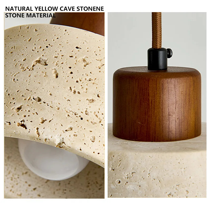 Natural Travertine Pendant Light – Wabi Sabi Stone Hanging Lamp – Japandi Modern Ceiling Light – Minimalist Designer Kitchen & Dining Room Lighting